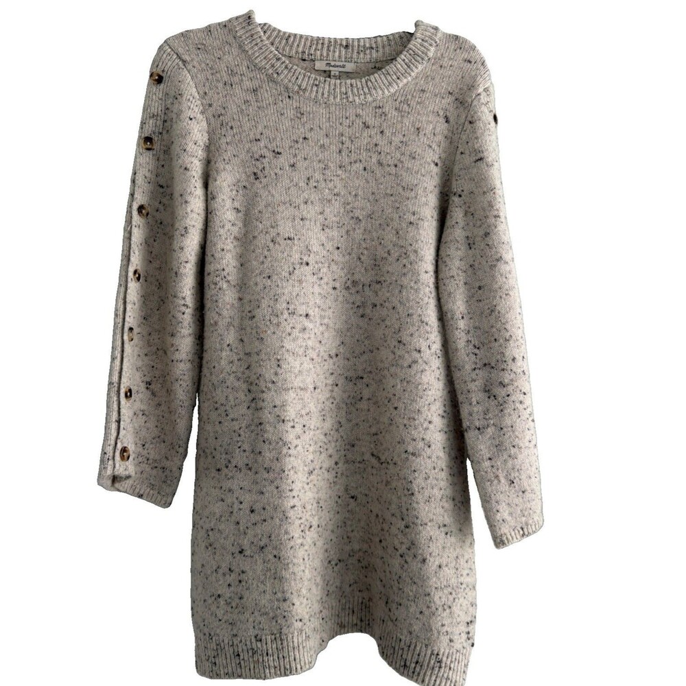 Madewell Donegal Button Sleeve Sweater Dress M Tunic Cream Speckled Wool Blend